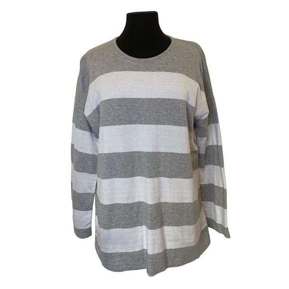 Eileen Fisher Gray and White Striped Reversible Sweater - Picture 1 of 7